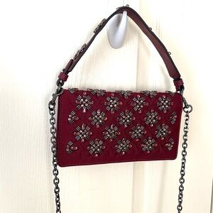 NWOT Tory Burch Cleo Crystal Embellished Burgundy Satin Satchel Crossbody Bag